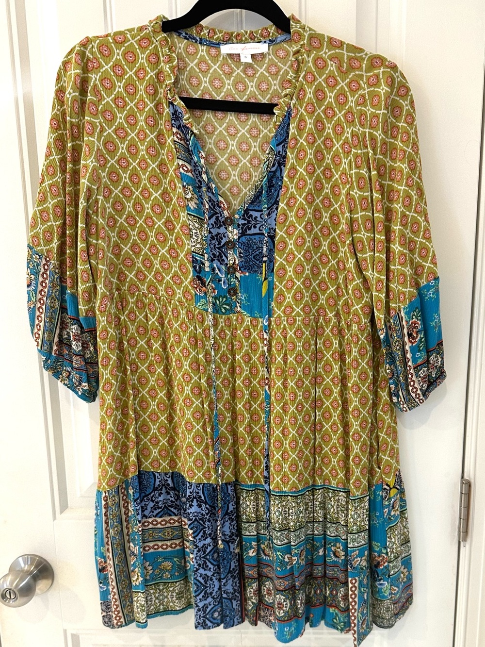 Ces Femme Olive and Teal Patchwork Boho Tunic/mini dress